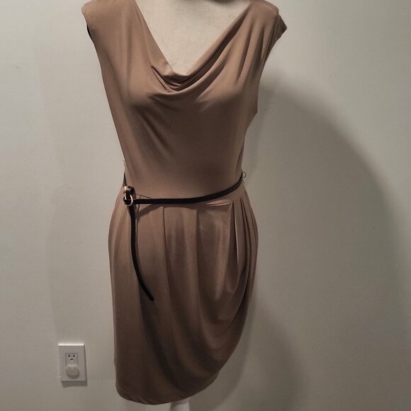 Calvin Klein Size 4 Tan Sleeveless, Belted Dress, Cowl Neck - Picture 1 of 7